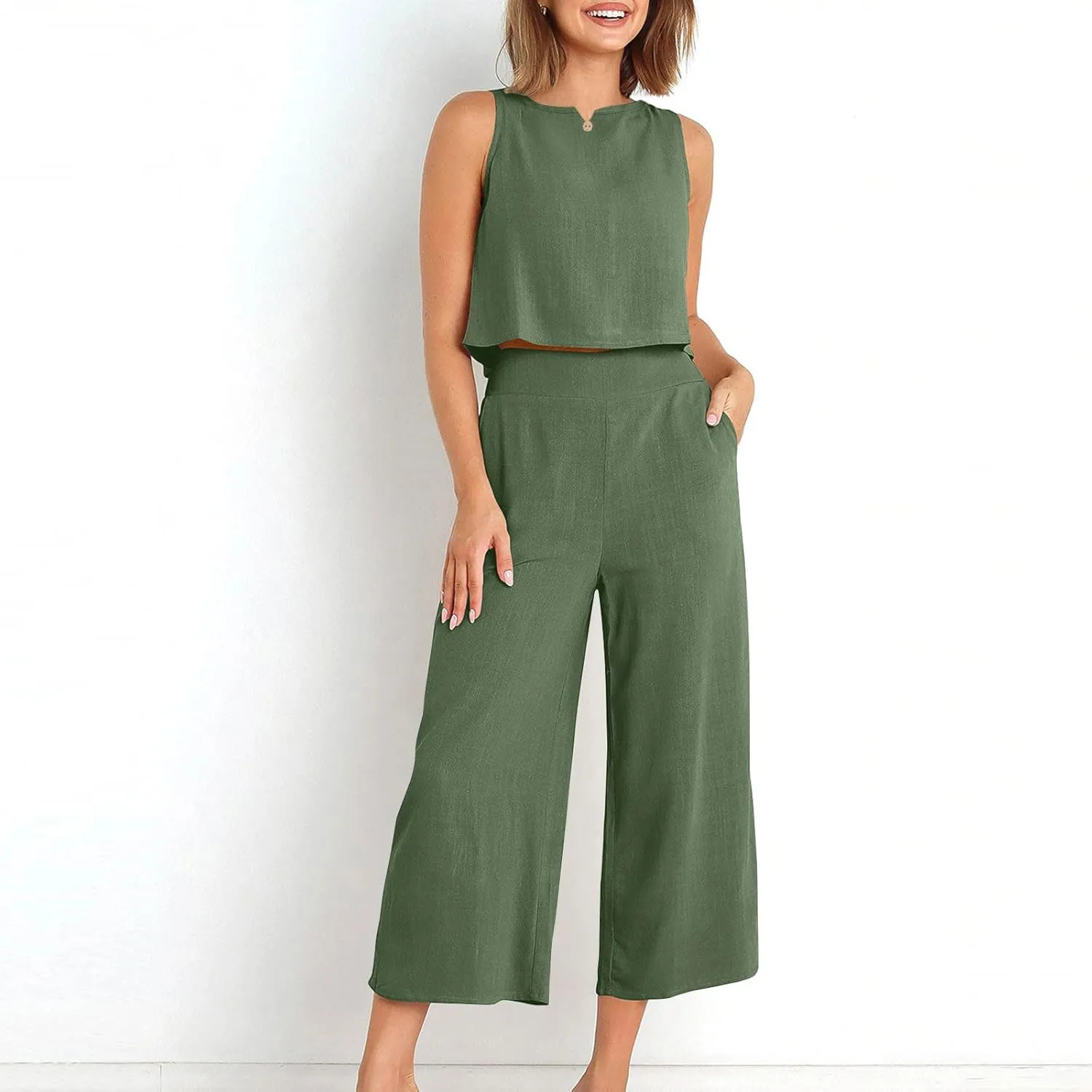 Summer Outfits for Women 2 Piece Cotton Linen Sleeveless Crop Top Capri Wide Leg Pants Lounge Beach Travel Sets
