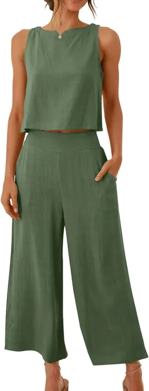 Summer Outfits for Women 2 Piece Cotton Linen Sleeveless Crop Top Capri Wide Leg Pants Lounge Beach Travel Sets