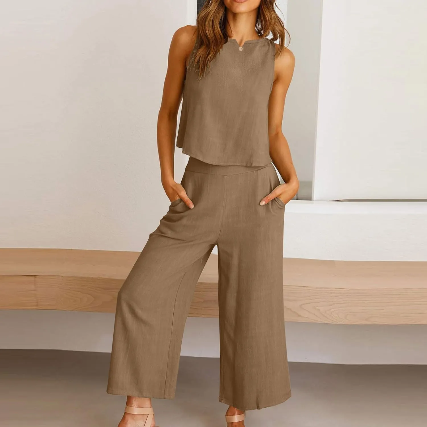 Summer Outfits for Women 2 Piece Cotton Linen Sleeveless Crop Top Capri Wide Leg Pants Lounge Beach Travel Sets