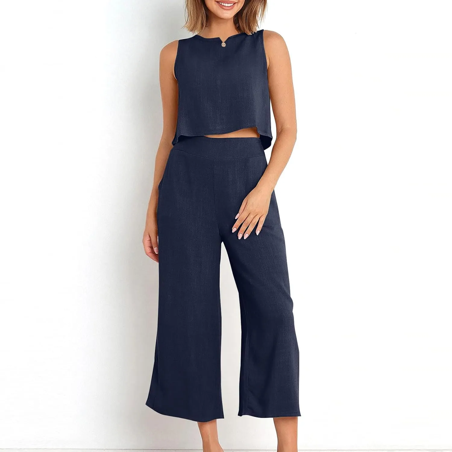 Summer Outfits for Women 2 Piece Cotton Linen Sleeveless Crop Top Capri Wide Leg Pants Lounge Beach Travel Sets