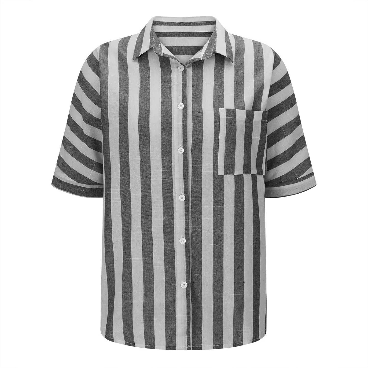 Summer Tops for Women Linen Short Sleeve Shirt Striped Button Down Shirt Turn Down Collar Blouse with Front Pocket