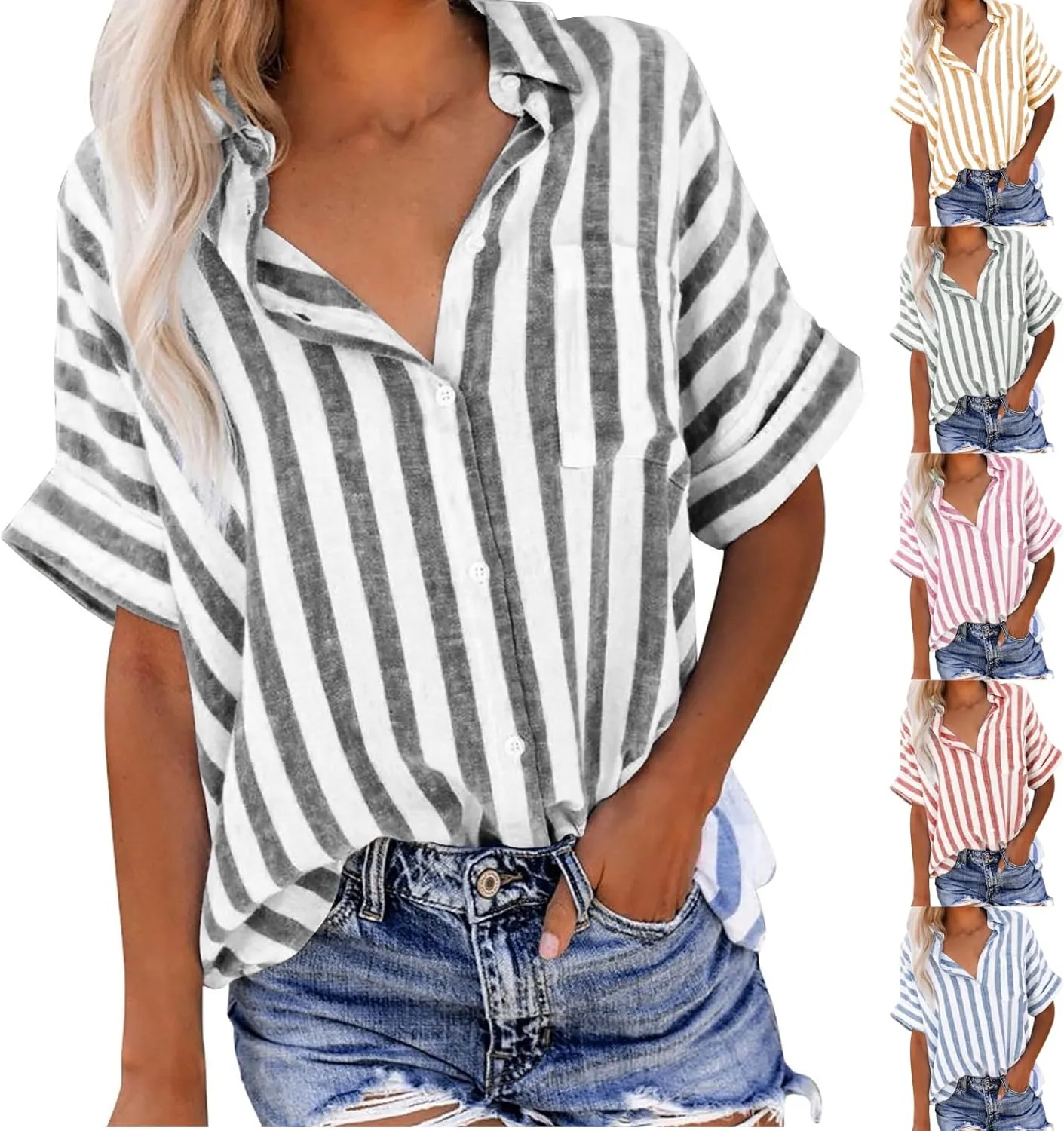 Summer Tops for Women Linen Short Sleeve Shirt Striped Button Down Shirt Turn Down Collar Blouse with Front Pocket
