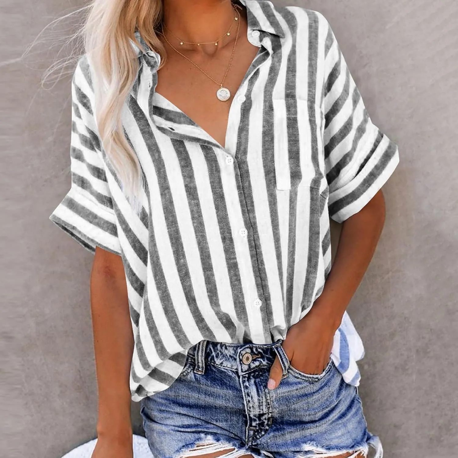 Summer Tops for Women Linen Short Sleeve Shirt Striped Button Down Shirt Turn Down Collar Blouse with Front Pocket