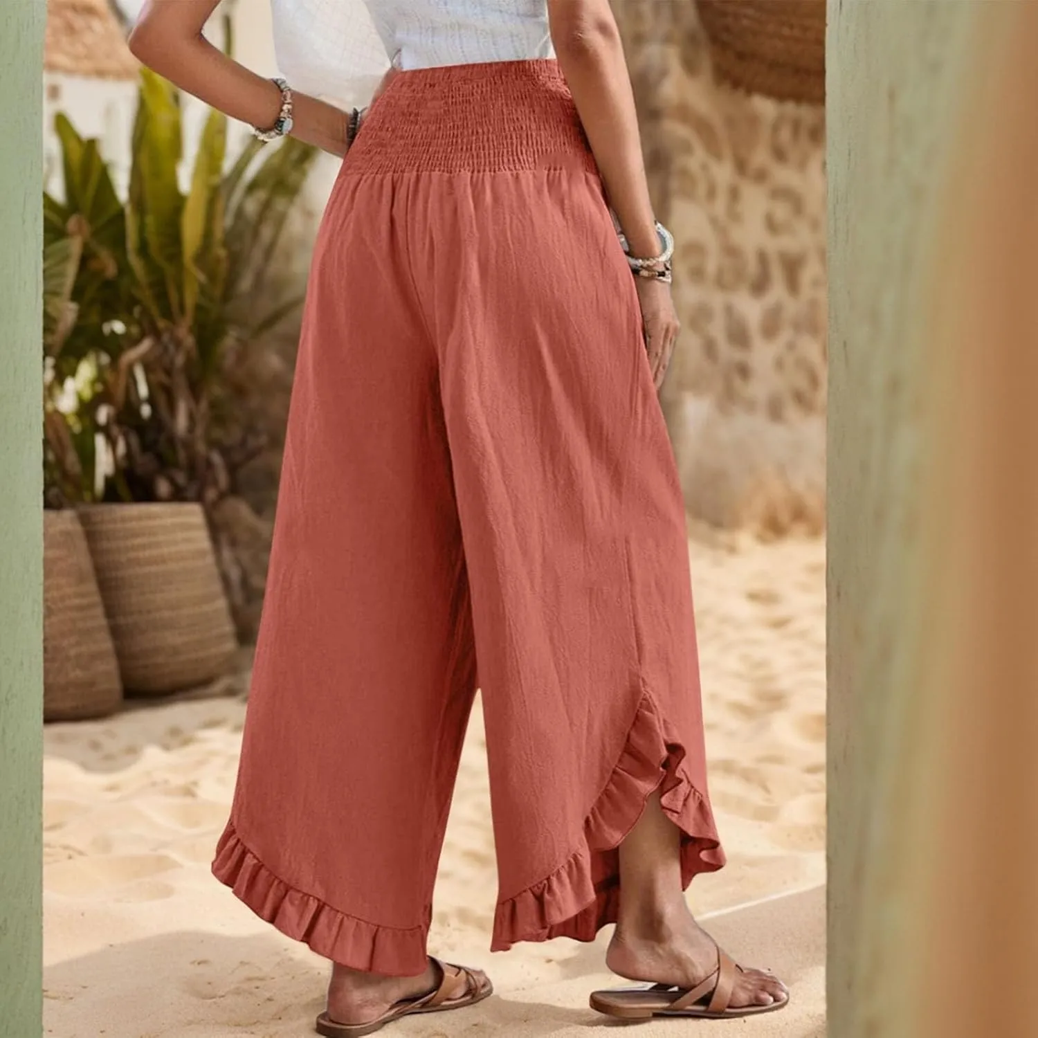 Summer Wide Leg Linen Pants for Women Smocked Waist Ruffle Palazzo Pants Boho Flowy Casual Beach Trousers with Pockets