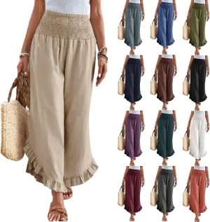 Summer Wide Leg Linen Pants for Women Smocked Waist Ruffle Palazzo Pants Boho Flowy Casual Beach Trousers with Pockets