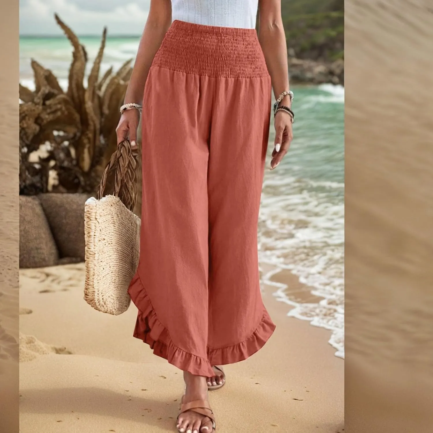 Summer Wide Leg Linen Pants for Women Smocked Waist Ruffle Palazzo Pants Boho Flowy Casual Beach Trousers with Pockets