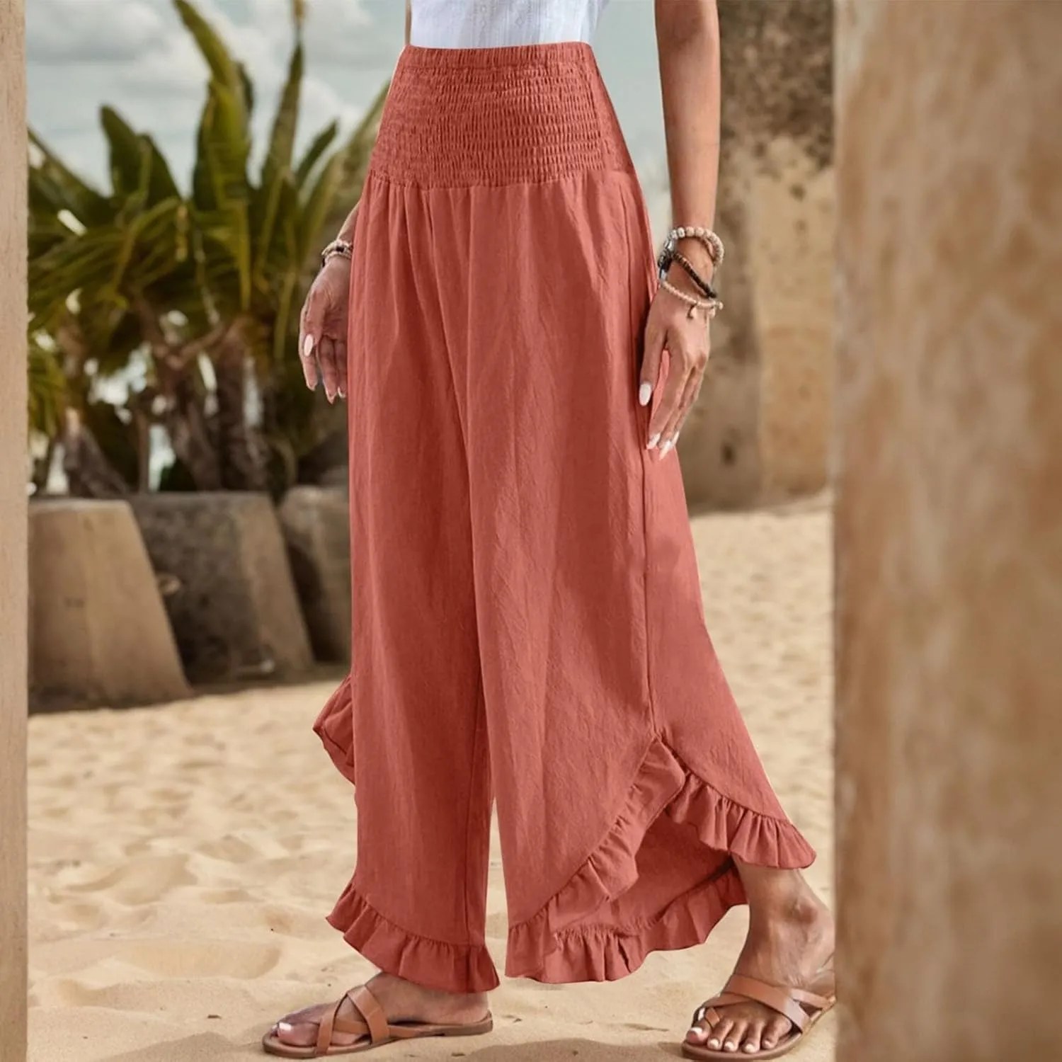 Summer Wide Leg Linen Pants for Women Smocked Waist Ruffle Palazzo Pants Boho Flowy Casual Beach Trousers with Pockets
