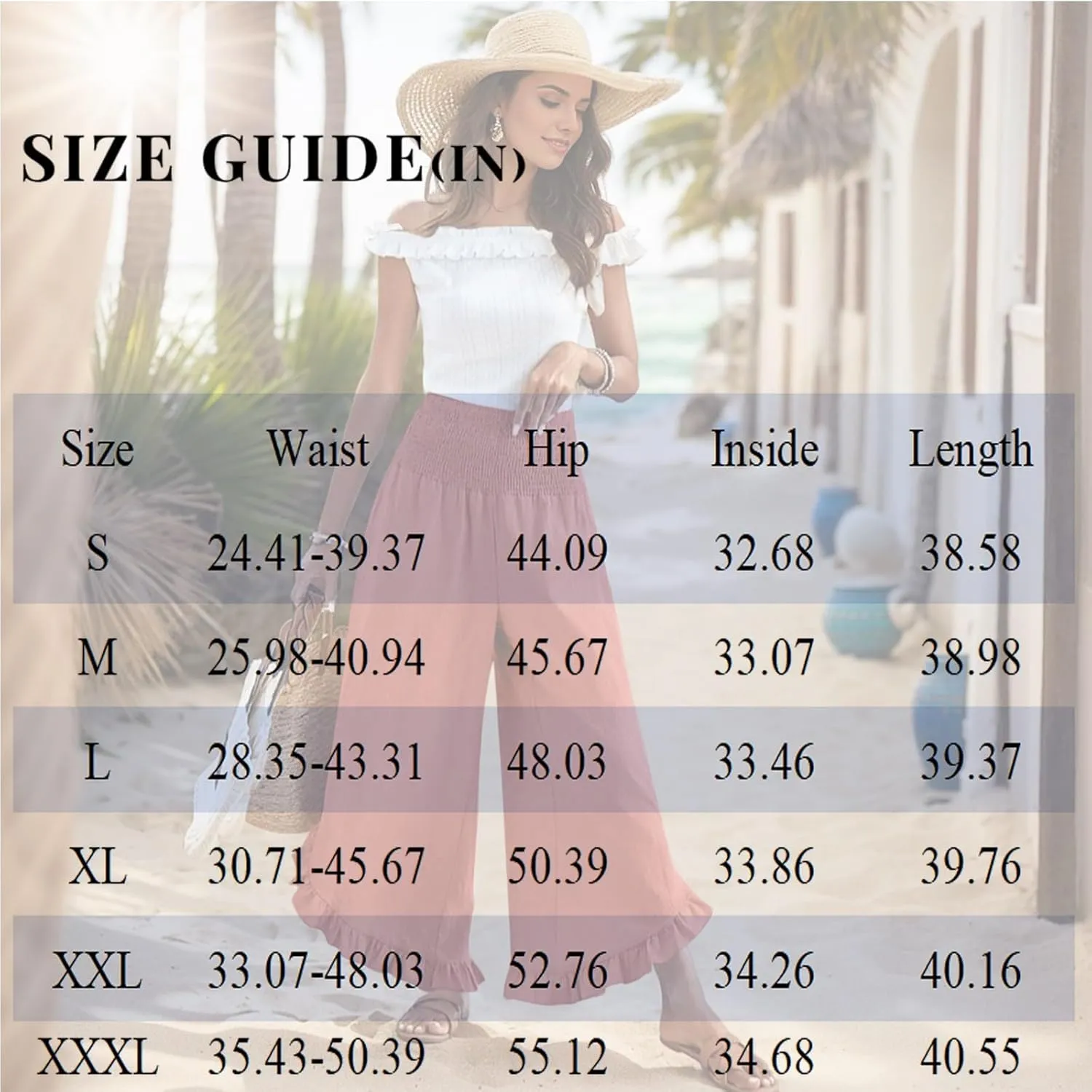 Summer Wide Leg Linen Pants for Women Smocked Waist Ruffle Palazzo Pants Boho Flowy Casual Beach Trousers with Pockets