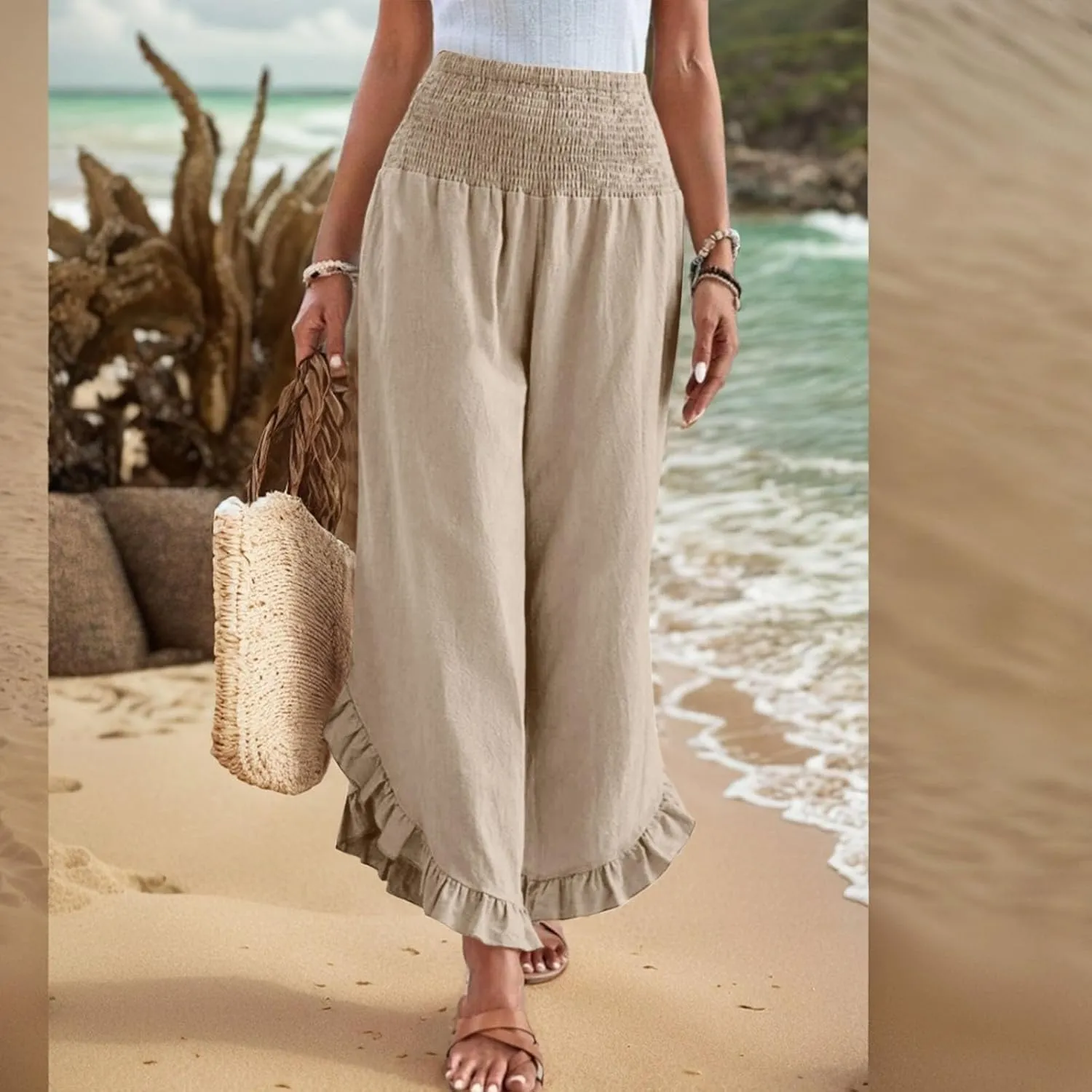 Summer Wide Leg Linen Pants for Women Smocked Waist Ruffle Palazzo Pants Boho Flowy Casual Beach Trousers with Pockets
