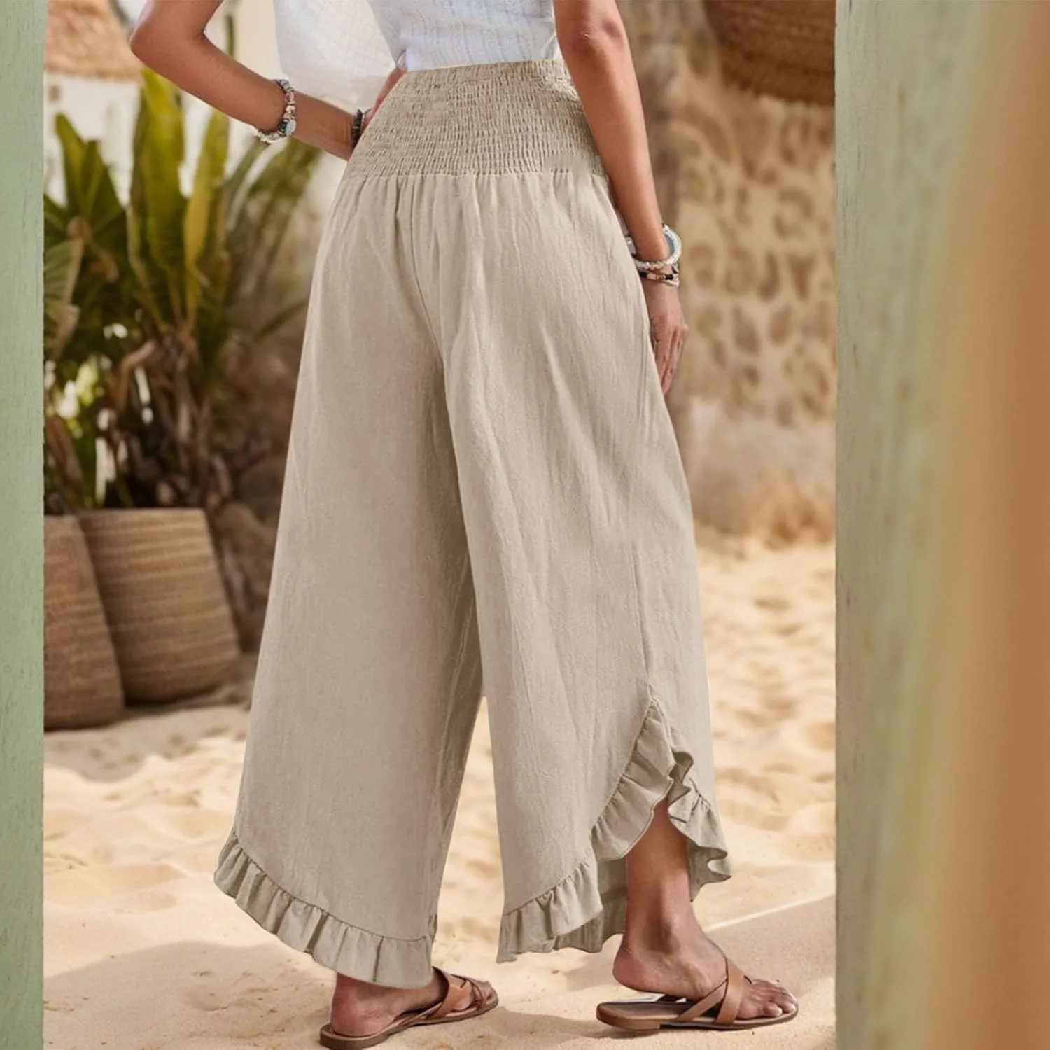 Summer Wide Leg Linen Pants for Women Smocked Waist Ruffle Palazzo Pants Boho Flowy Casual Beach Trousers with Pockets