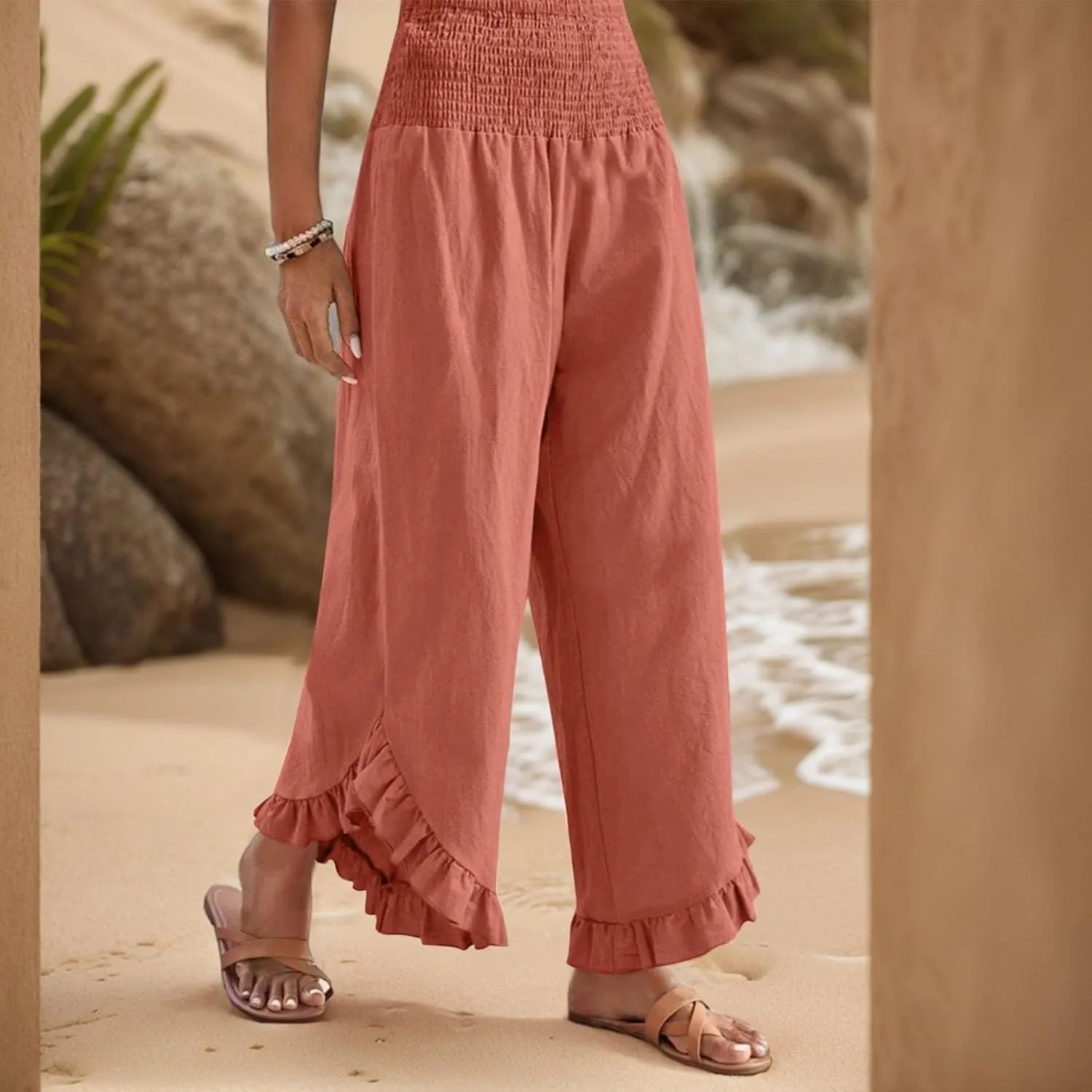 Summer Wide Leg Linen Pants for Women Smocked Waist Ruffle Palazzo Pants Boho Flowy Casual Beach Trousers with Pockets
