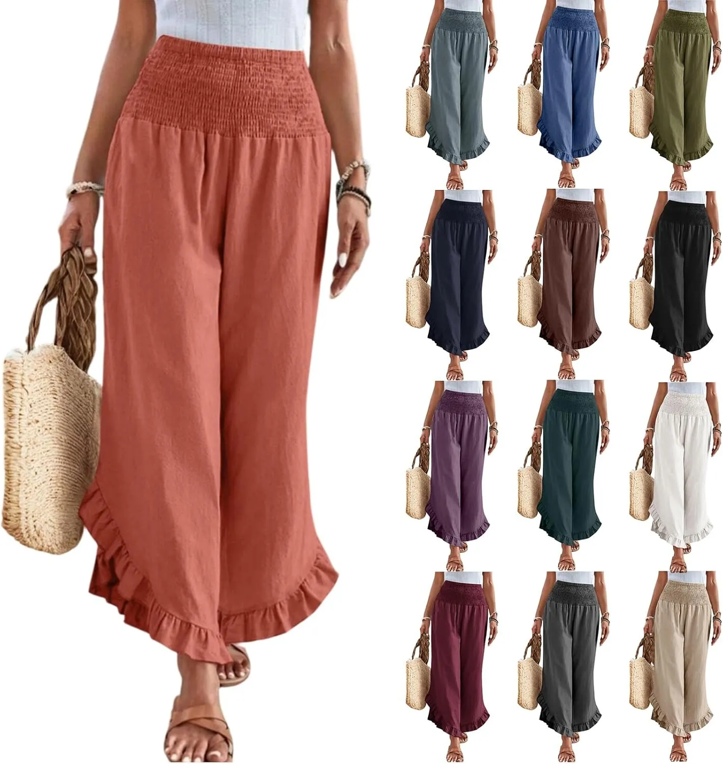 Summer Wide Leg Linen Pants for Women Smocked Waist Ruffle Palazzo Pants Boho Flowy Casual Beach Trousers with Pockets