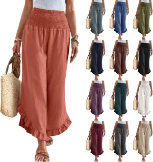 Summer Wide Leg Linen Pants for Women Smocked Waist Ruffle Palazzo Pants Boho Flowy Casual Beach Trousers with Pockets