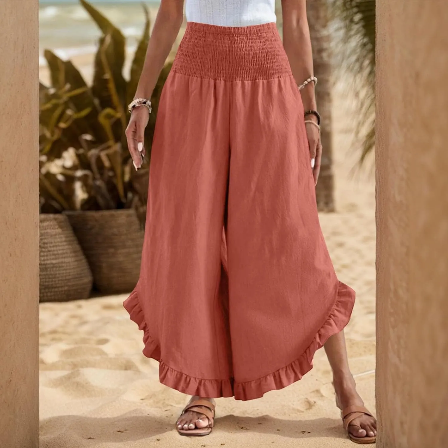 Summer Wide Leg Linen Pants for Women Smocked Waist Ruffle Palazzo Pants Boho Flowy Casual Beach Trousers with Pockets
