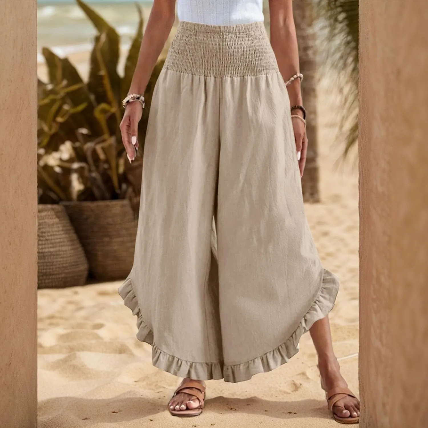 Summer Wide Leg Linen Pants for Women Smocked Waist Ruffle Palazzo Pants Boho Flowy Casual Beach Trousers with Pockets
