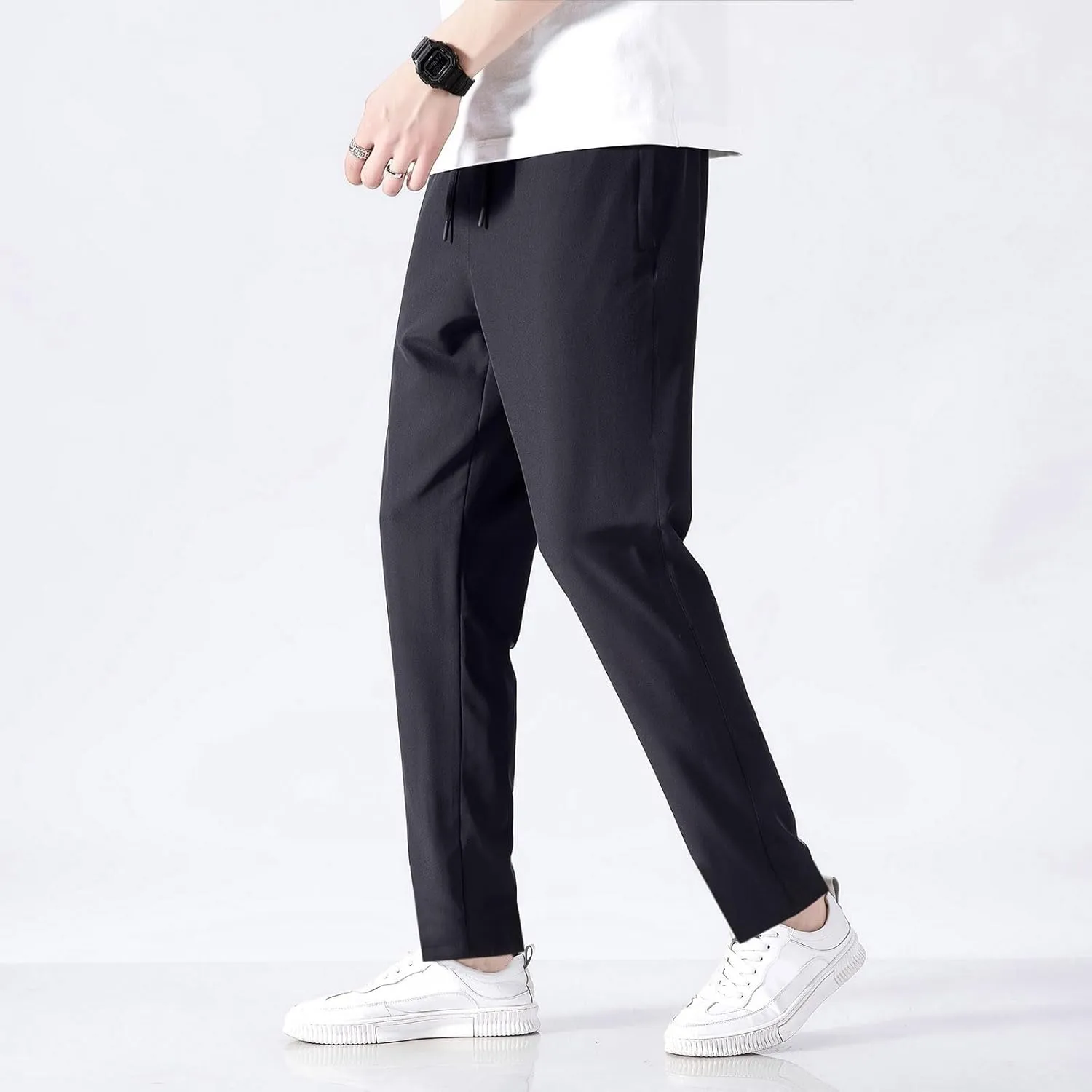 Sweatpants for Men Slim Fit Ice Silk Quick Drying Hiking Pants Lightweight Drawstring Waist Loose Straight Trousers