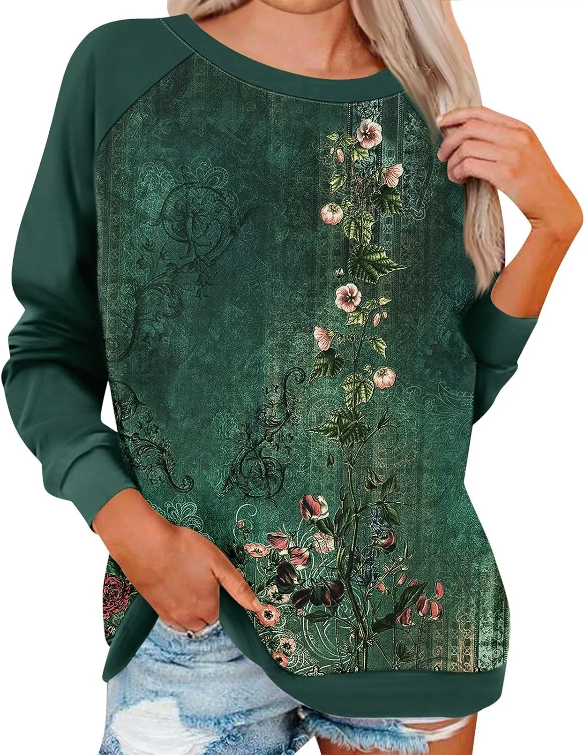 Sweatshirts for Women Floral Print Long Sleeve Cute Shirts Crewneck Graphic Plus Size Clothing Clothes