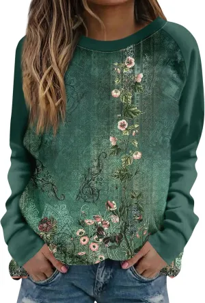 Sweatshirts for Women Floral Print Long Sleeve Cute Shirts Crewneck Graphic Plus Size Clothing Clothes