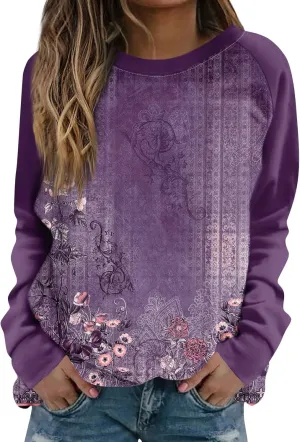 Sweatshirts for Women Long Sleeve Crewneck Oversized Shirts Floral Print Loose Fit Cute Clothes Clothing