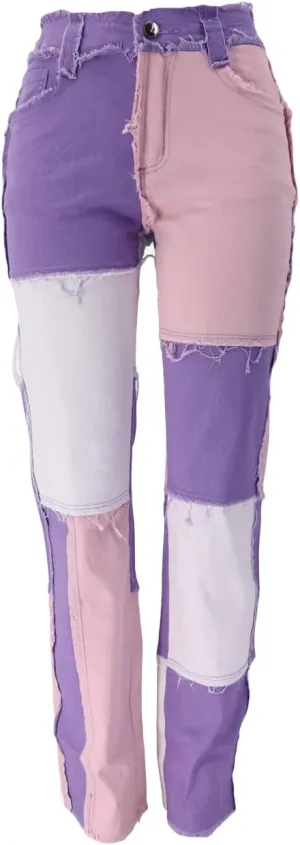 Syydn Women's High Waisted Stretch Patchwork Straight Jeans Sexy Denim Pants
