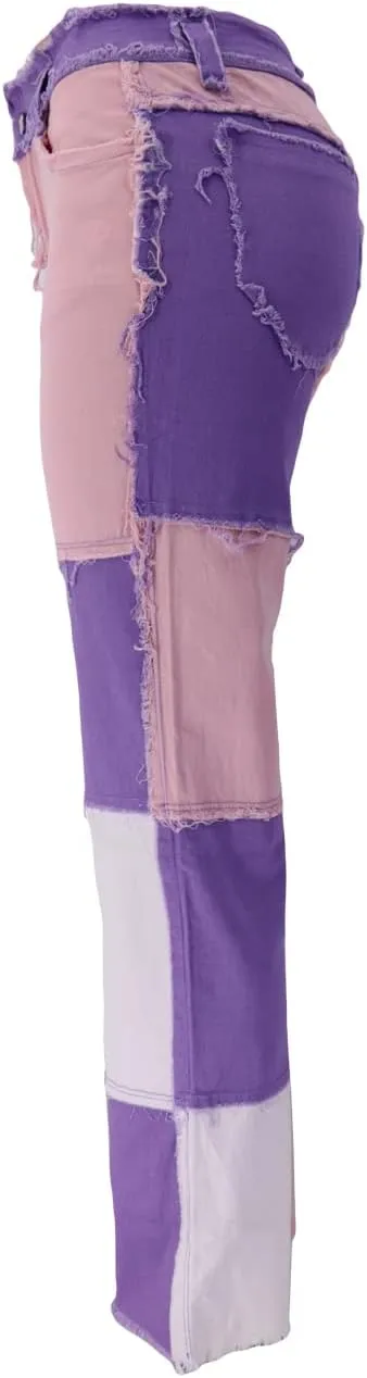 Syydn Women's High Waisted Stretch Patchwork Straight Jeans Sexy Denim Pants