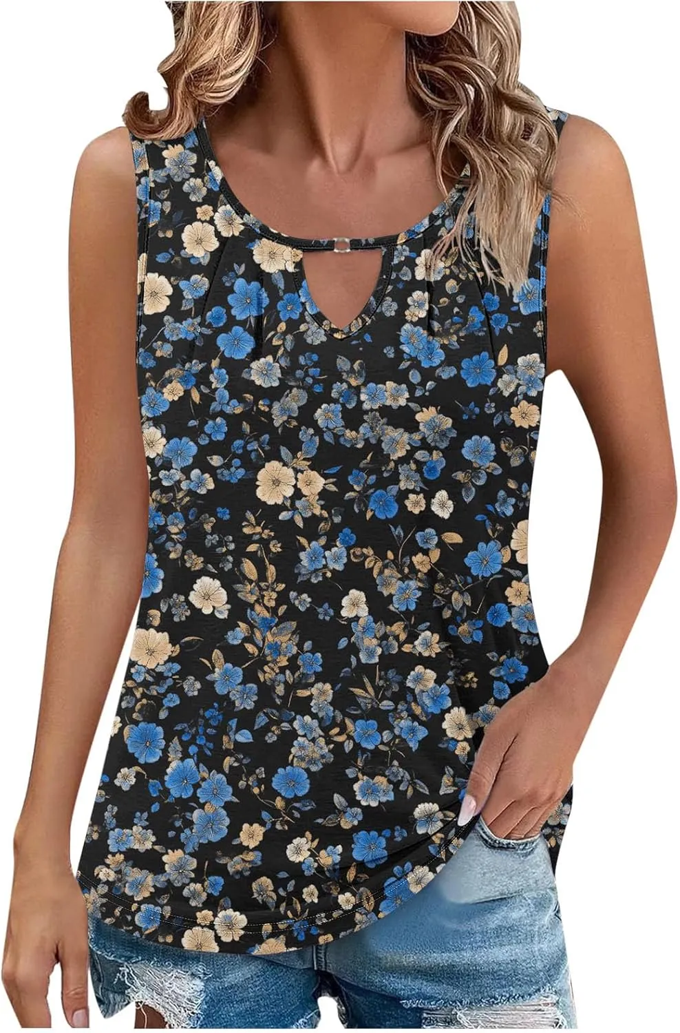 Tank Top for Women Summer Sleeveless Crew Neck Outfits Fashion Floral Print Beach Vacation Tops Trendy Dressy Shirt