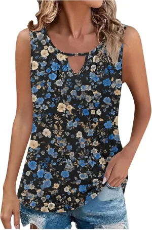 Tank Top for Women Summer Sleeveless Crew Neck Outfits Fashion Floral Print Beach Vacation Tops Trendy Dressy Shirt