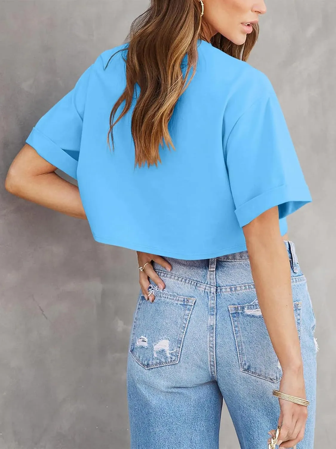 Tankaneo Women Crop T-Shirts Half Sleeve Drop Shoulder Cropped Tops Y2K Casual Summer Basic Tees