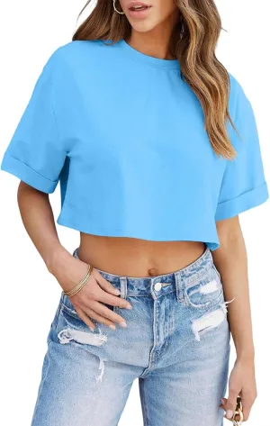 Tankaneo Women Crop T-Shirts Half Sleeve Drop Shoulder Cropped Tops Y2K Casual Summer Basic Tees