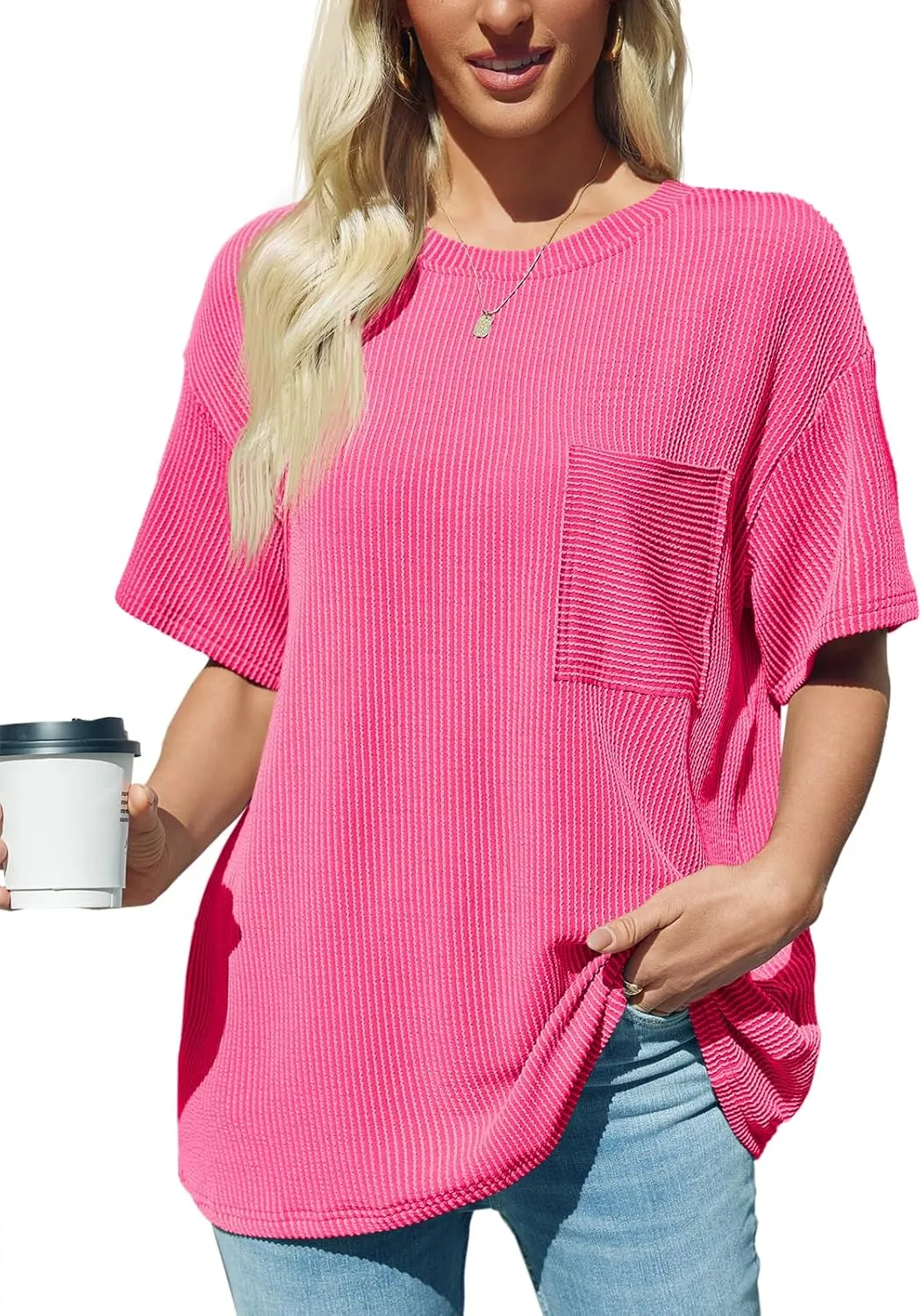 Tankaneo Womens Oversized Short Sleeve Tops Summer Textured Crew Neck T Shirt Ribbed Casual Basic Tees