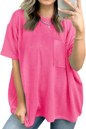 Tankaneo Womens Oversized Short Sleeve Tops Summer Textured Crew Neck T Shirt Ribbed Casual Basic Tees