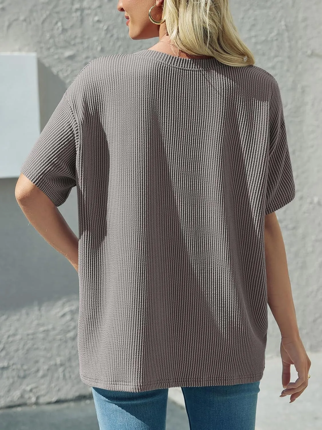 Tankaneo Womens Oversized Short Sleeve Tops Summer Textured Crew Neck T Shirt Ribbed Casual Basic Tees