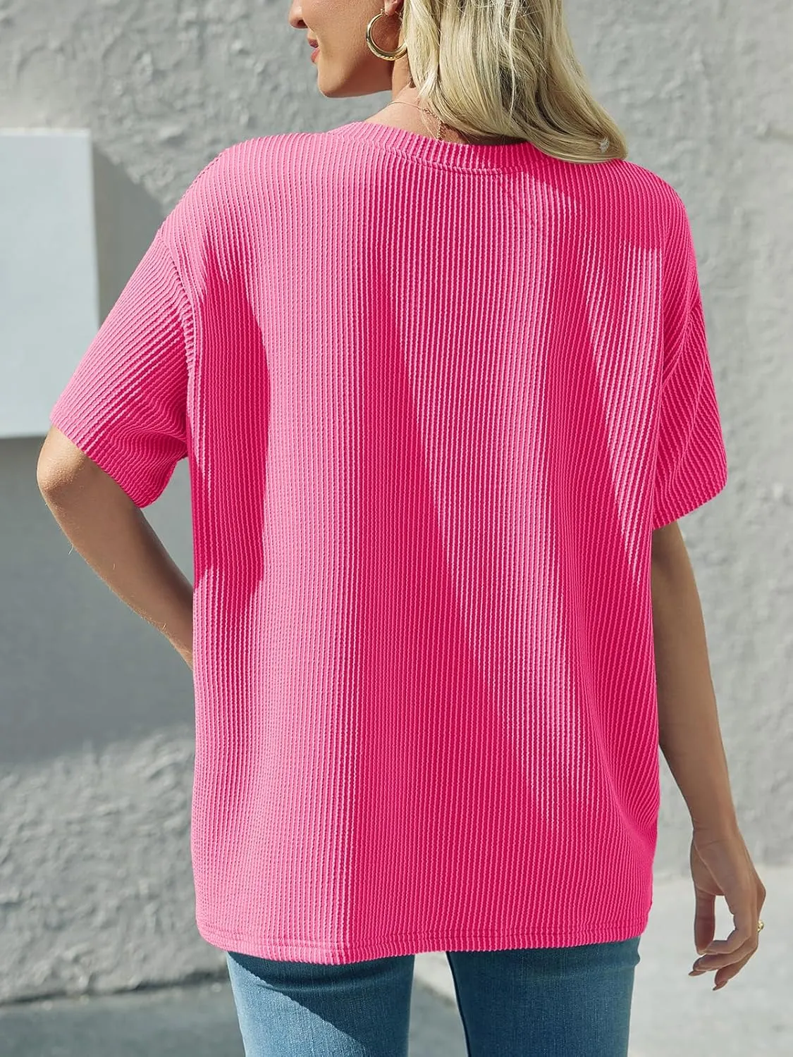 Tankaneo Womens Oversized Short Sleeve Tops Summer Textured Crew Neck T Shirt Ribbed Casual Basic Tees