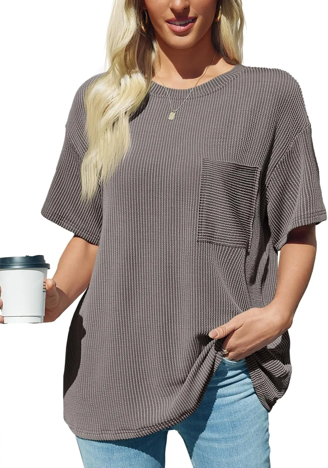 Tankaneo Womens Oversized Short Sleeve Tops Summer Textured Crew Neck T Shirt Ribbed Casual Basic Tees