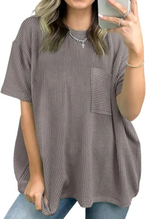 Tankaneo Womens Oversized Short Sleeve Tops Summer Textured Crew Neck T Shirt Ribbed Casual Basic Tees
