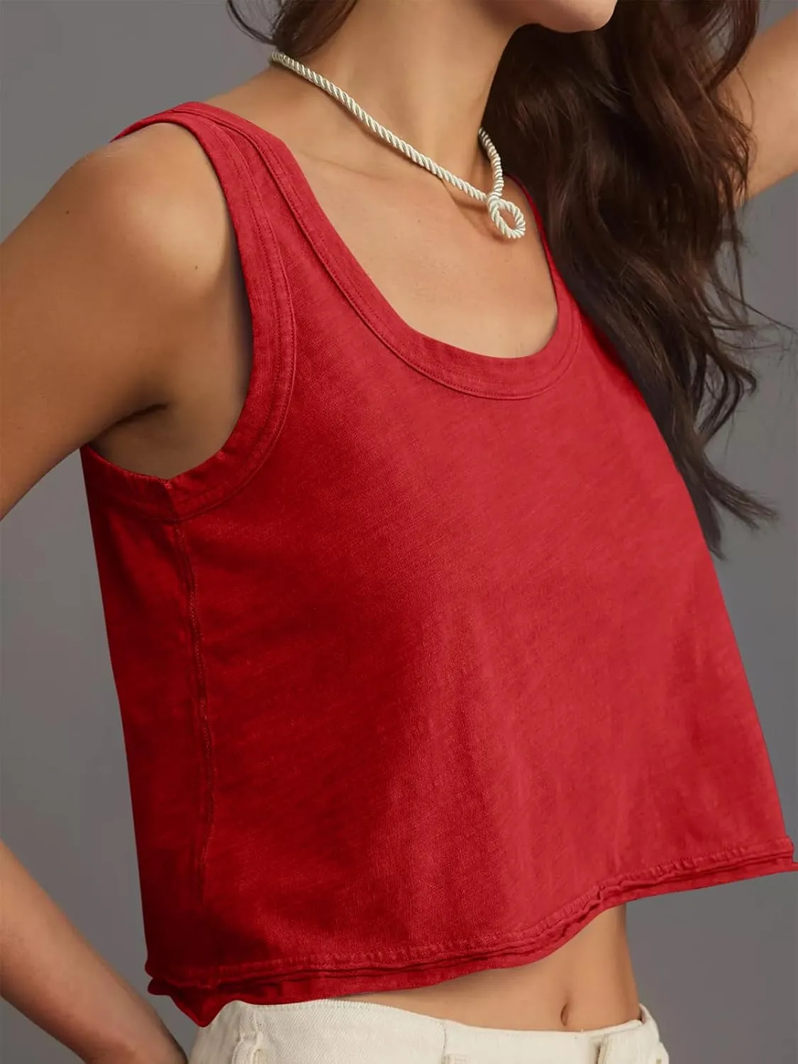 Tankaneo Womens Scoop Neck Cropped Tank Tops Summer Casual Cotton Workout Sleeveless Shirts Loose Fit Basic Tees