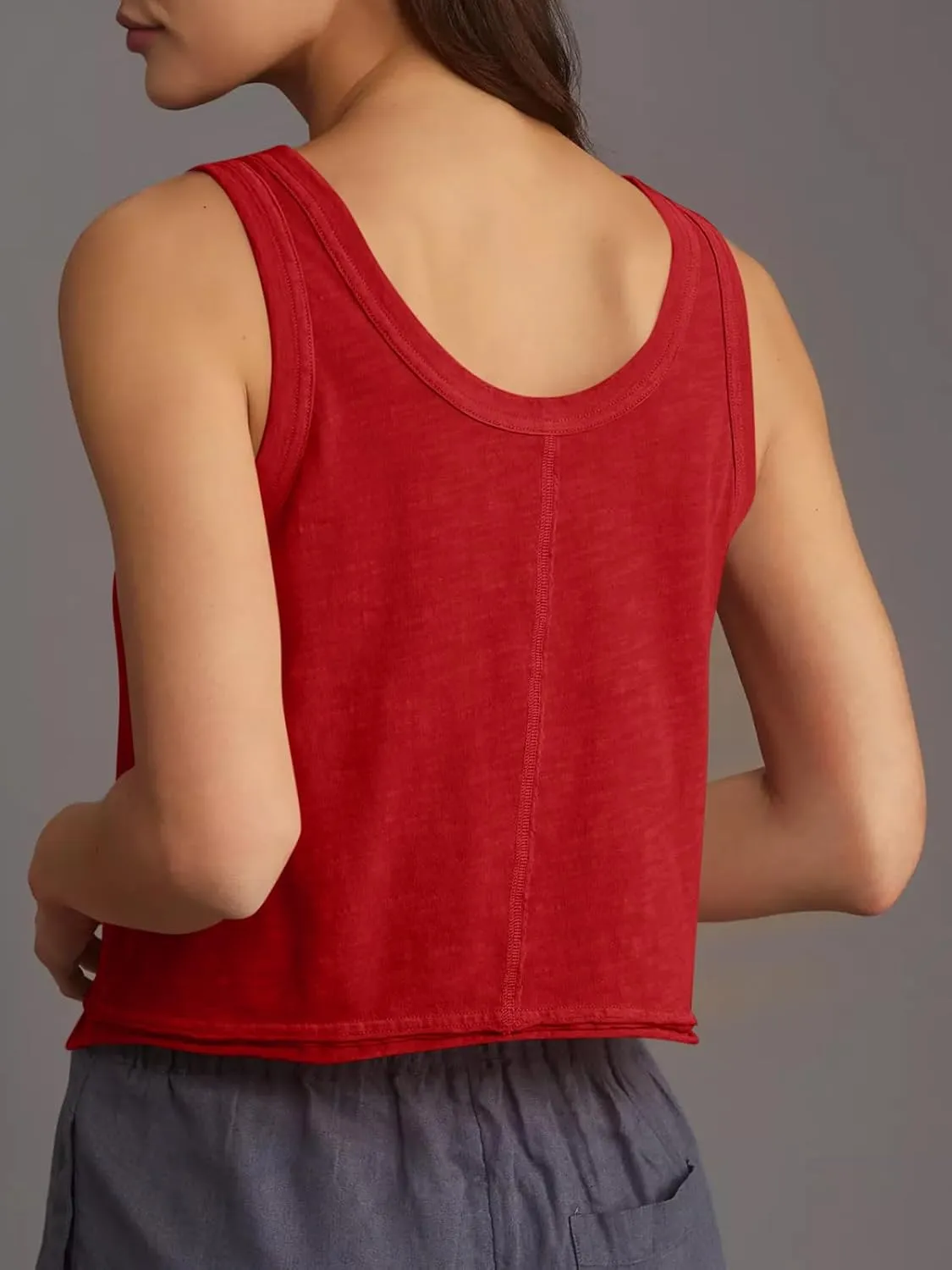 Tankaneo Womens Scoop Neck Cropped Tank Tops Summer Casual Cotton Workout Sleeveless Shirts Loose Fit Basic Tees