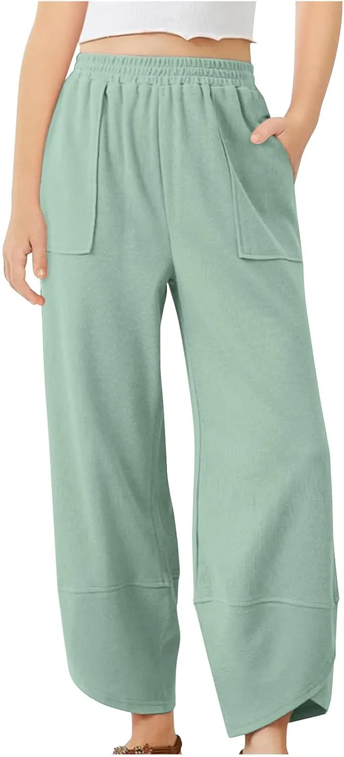 Teen Girls Palazzo Pants 2025 Summer Casual Cotton Linen Trousers Lightweight Elastic Waist Preppy Solid Loose Pant