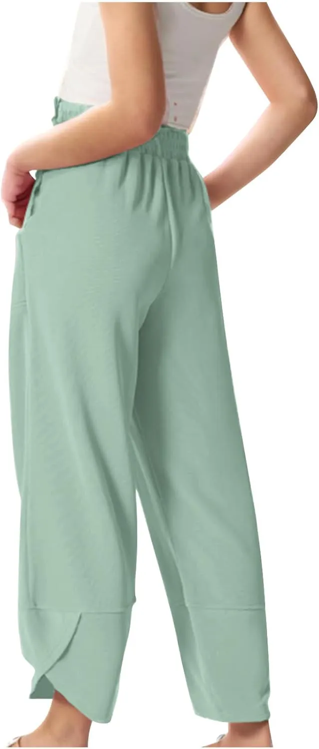 Teen Girls Palazzo Pants 2025 Summer Casual Cotton Linen Trousers Lightweight Elastic Waist Preppy Solid Loose Pant