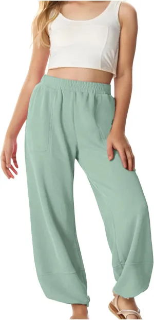 Teen Girls Palazzo Pants 2025 Summer Casual Cotton Linen Trousers Lightweight Elastic Waist Preppy Solid Loose Pant
