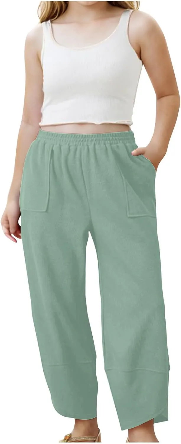 Teen Girls Palazzo Pants 2025 Summer Casual Cotton Linen Trousers Lightweight Elastic Waist Preppy Solid Loose Pant
