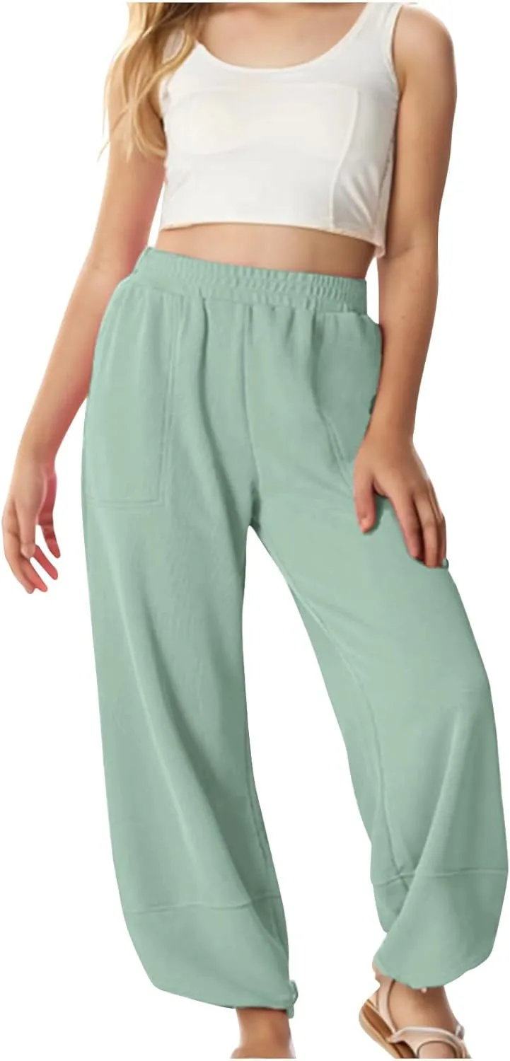 Teen Girls Palazzo Pants 2025 Summer Casual Cotton Linen Trousers Lightweight Elastic Waist Preppy Solid Loose Pant