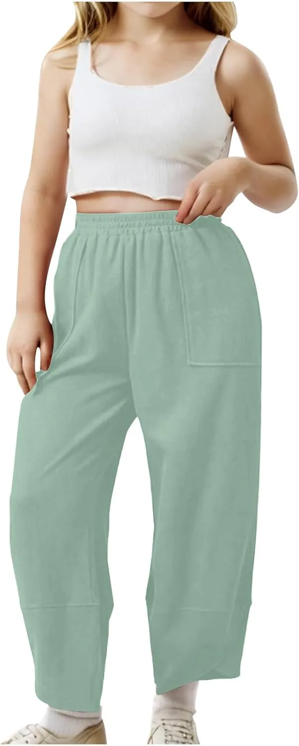Teen Girls Palazzo Pants 2025 Summer Casual Cotton Linen Trousers Lightweight Elastic Waist Preppy Solid Loose Pant