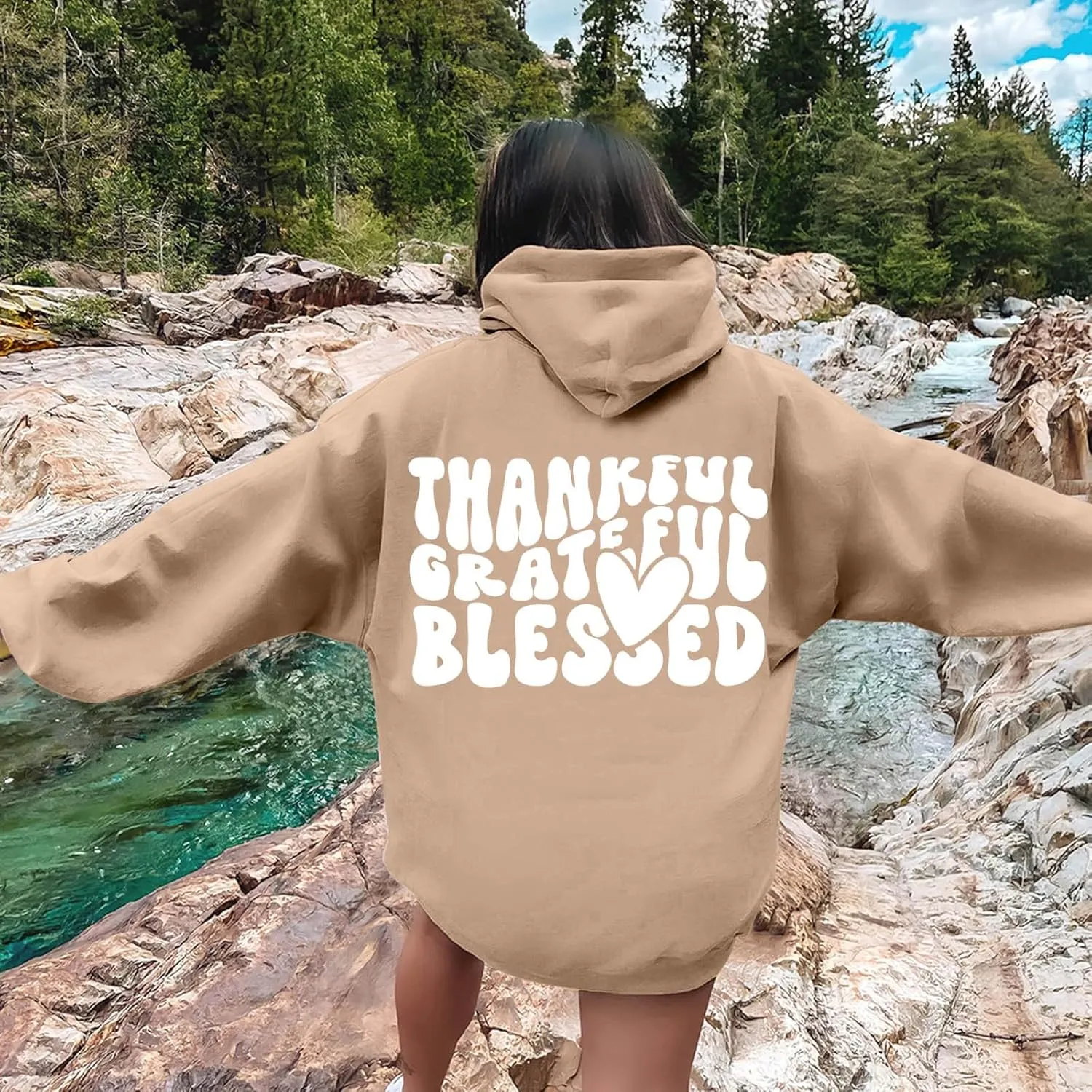 Thankful Grateful Blessed Letter Print Hoodie For Women Fleece Pullover With Kangaroo Pocket Hooded Graphic Tee Fall Trendy