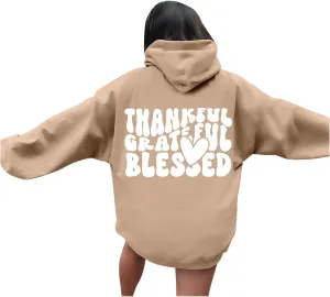 Thankful Grateful Blessed Letter Print Hoodie For Women Fleece Pullover With Kangaroo Pocket Hooded Graphic Tee Fall Trendy