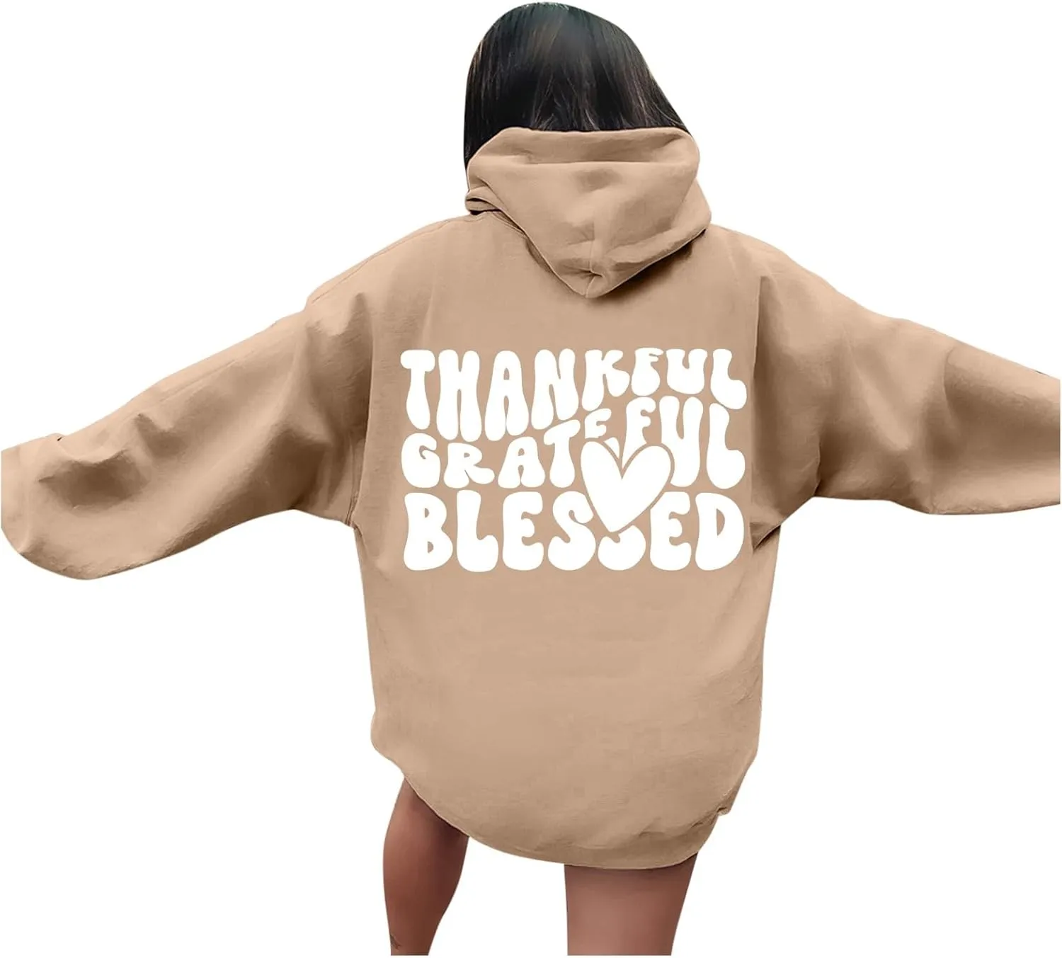 Thankful Grateful Blessed Letter Print Hoodie For Women Fleece Pullover With Kangaroo Pocket Hooded Graphic Tee Fall Trendy