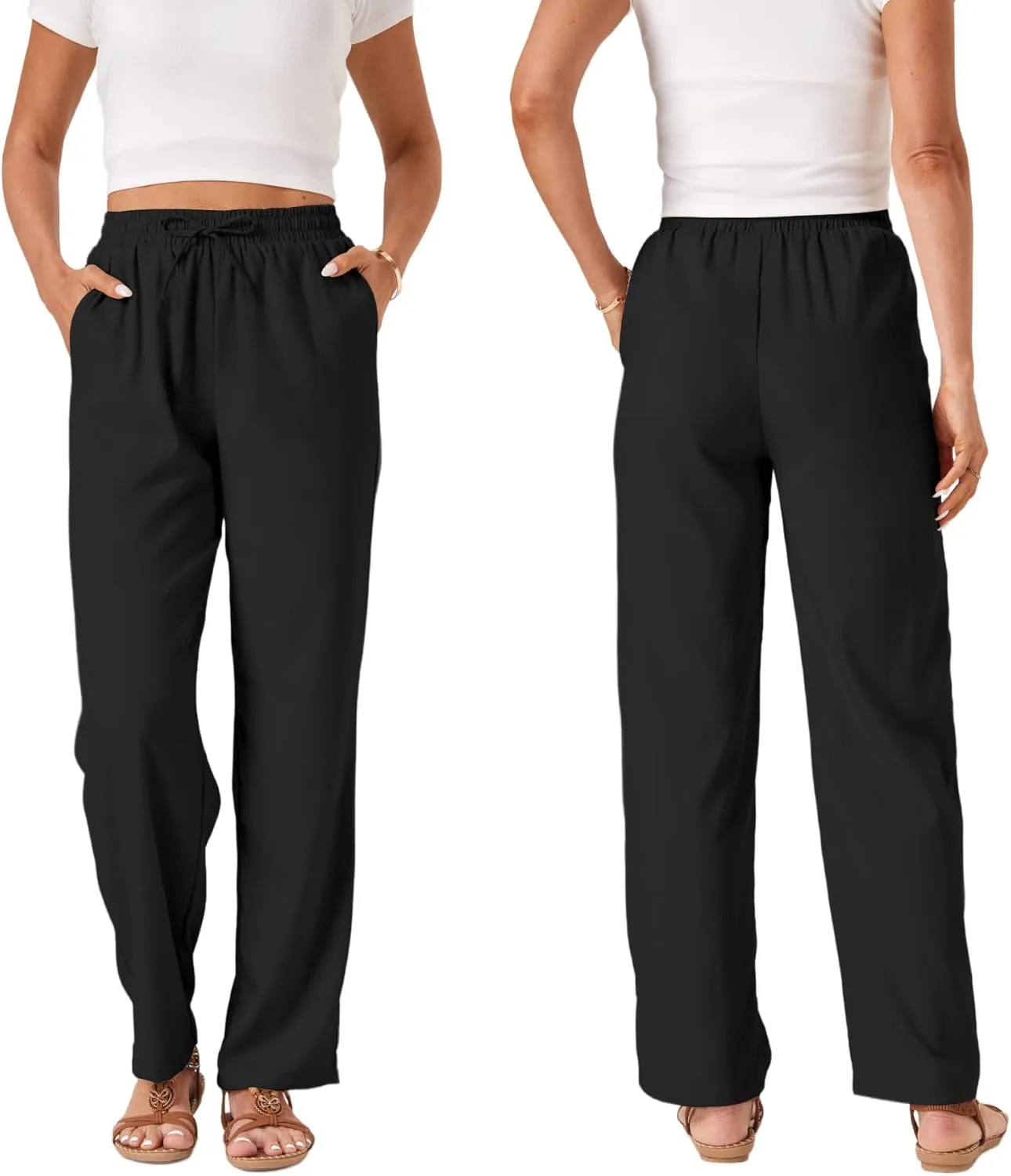 TOPYOGAS Womens High Waist Drawstring Stretch Casual Pants Summer Loose Pants Straight Trousers with Pockets