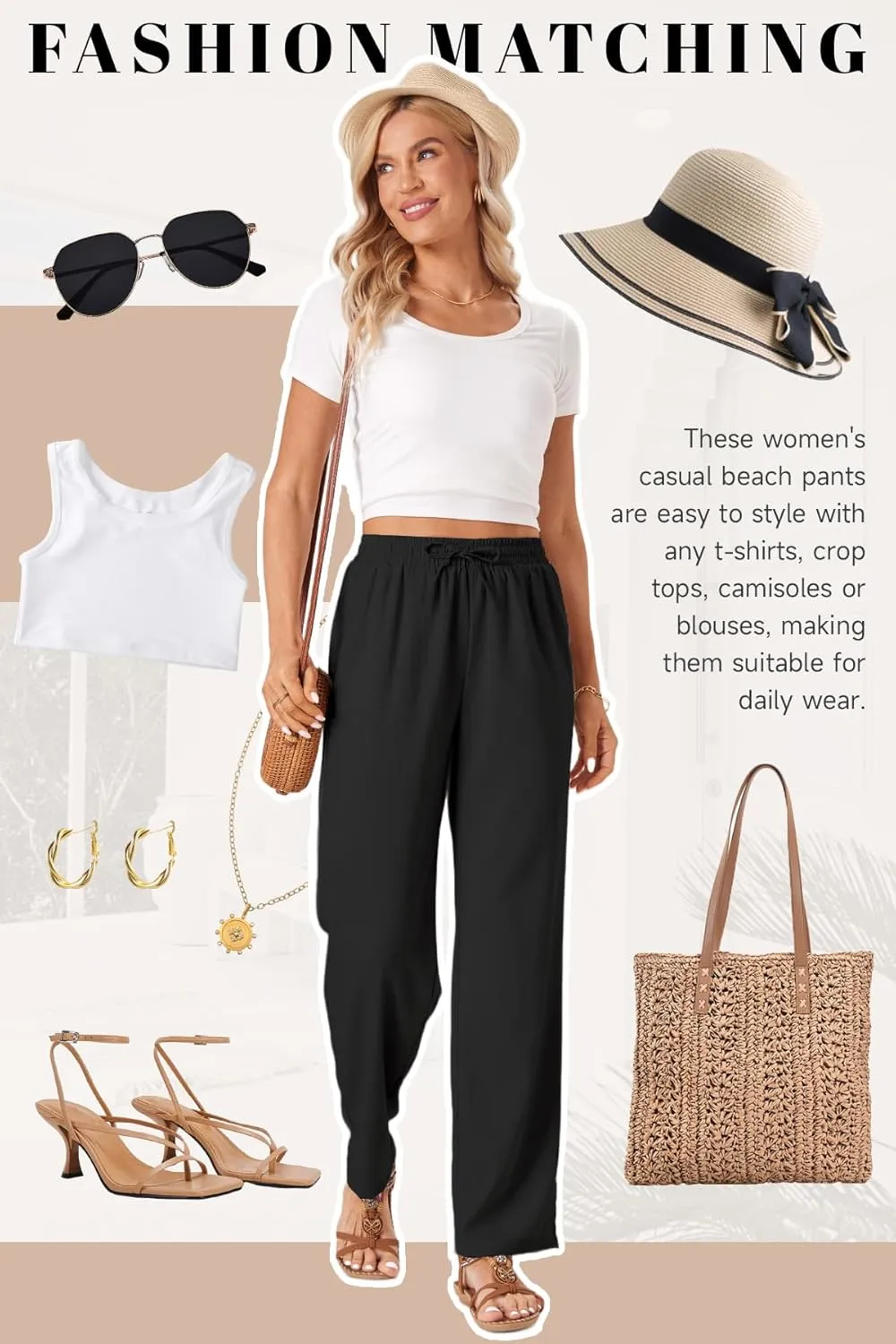 TOPYOGAS Womens High Waist Drawstring Stretch Casual Pants Summer Loose Pants Straight Trousers with Pockets