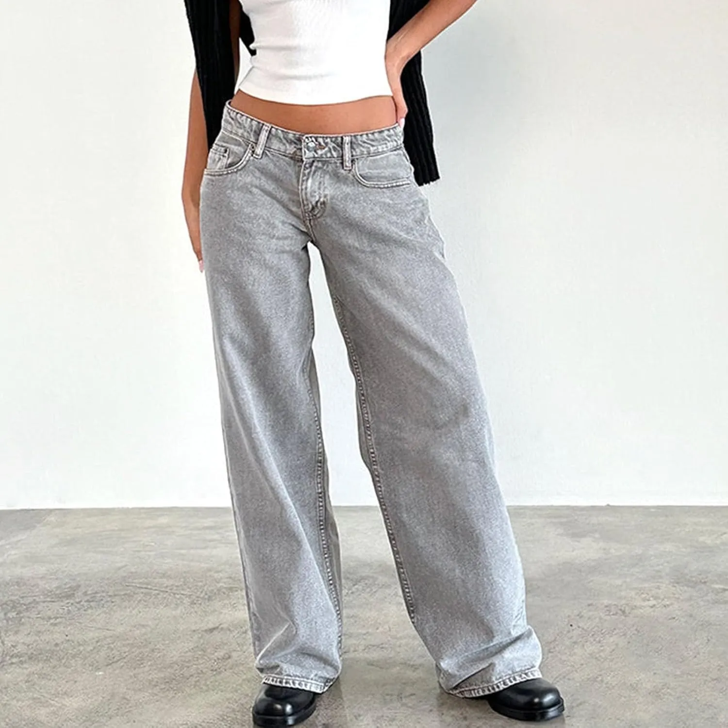 Trending Jeans for Women 2025 Patch Pocket Womens Jeans Wide Leg Stretchy Lightweight Summer Flowy Pants