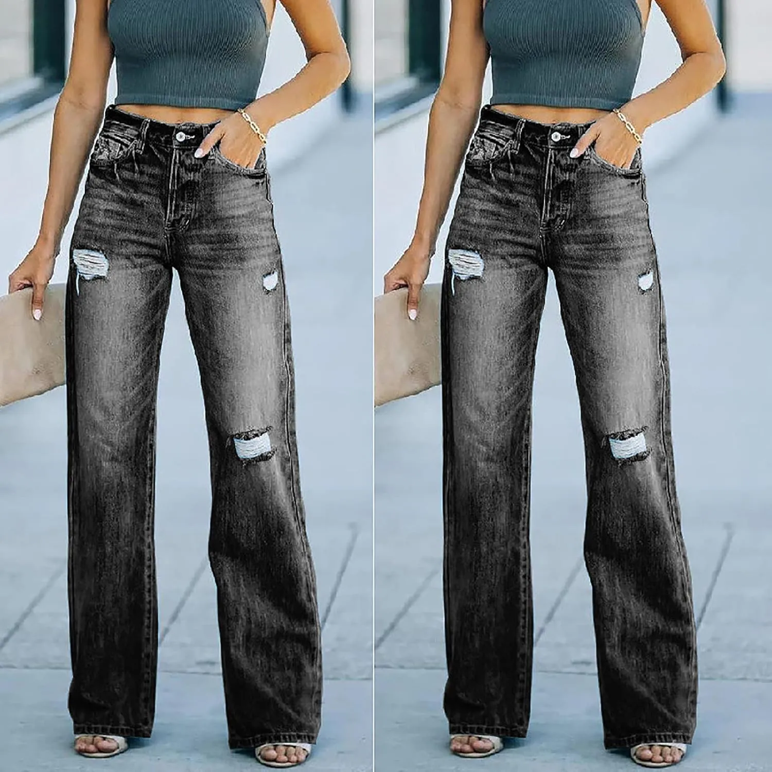 tuduoms Women's Loose Boyfriend Jeans Stretchy Ripped Distressed Denim Pants High Waisted Wide Leg Straight Jeans Trousers